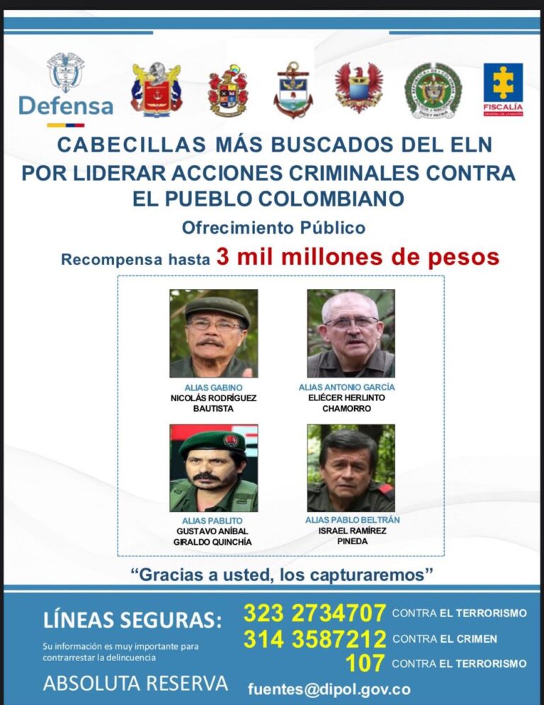 Mindefensa ofrece recompensa hasta de 3 mil millones de pesos por los más buscados del ELN